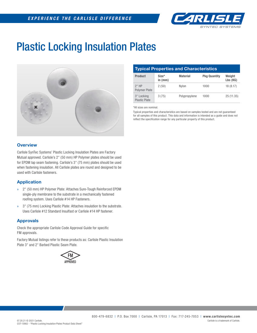 Carlisle SynTec Plastic Locking Insulation Plate cut sheet — first page
