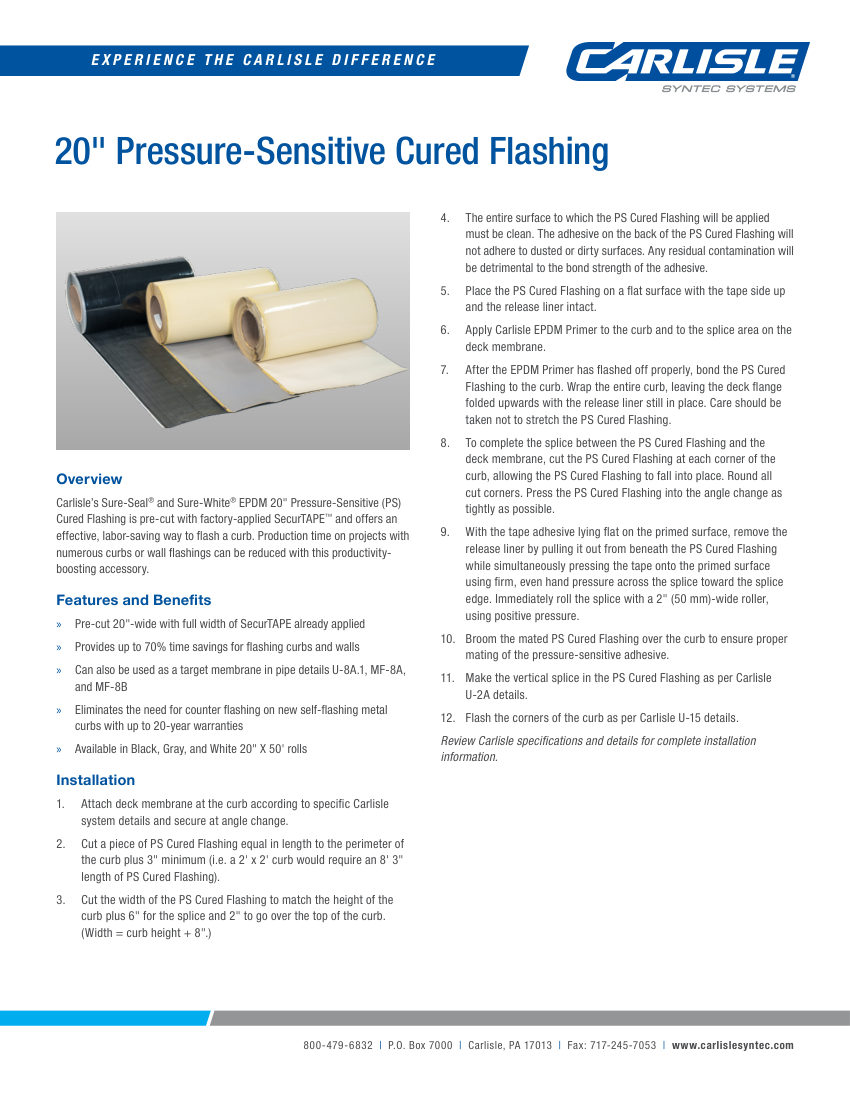 Carlisle SynTec Pressure-Sensitive Cured Flashing cut sheet — first page
