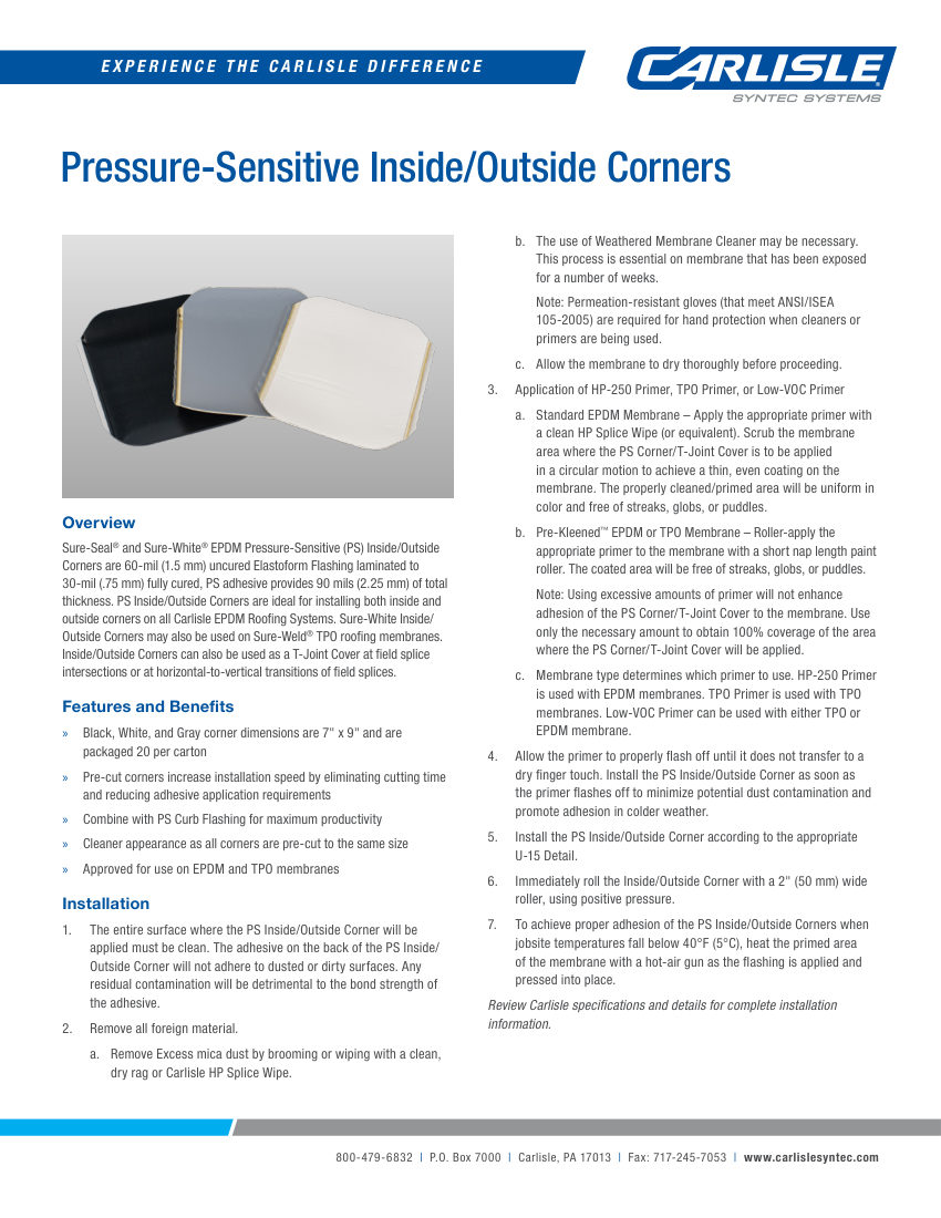 Carlisle SynTec Pressure-Sensitive Inside/Outside Corners cut sheet — first page