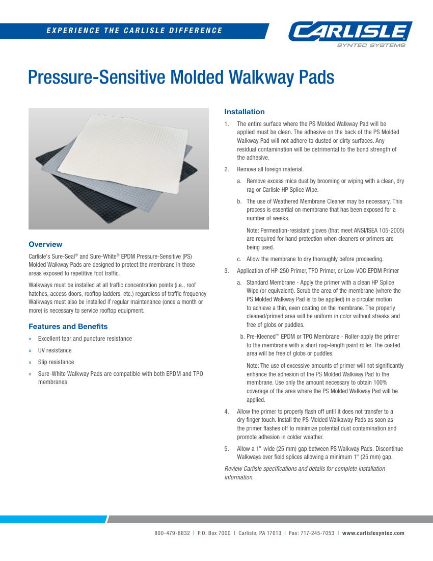 Carlisle SynTec Pressure-Sensitive Molded Pads cut sheet — first page