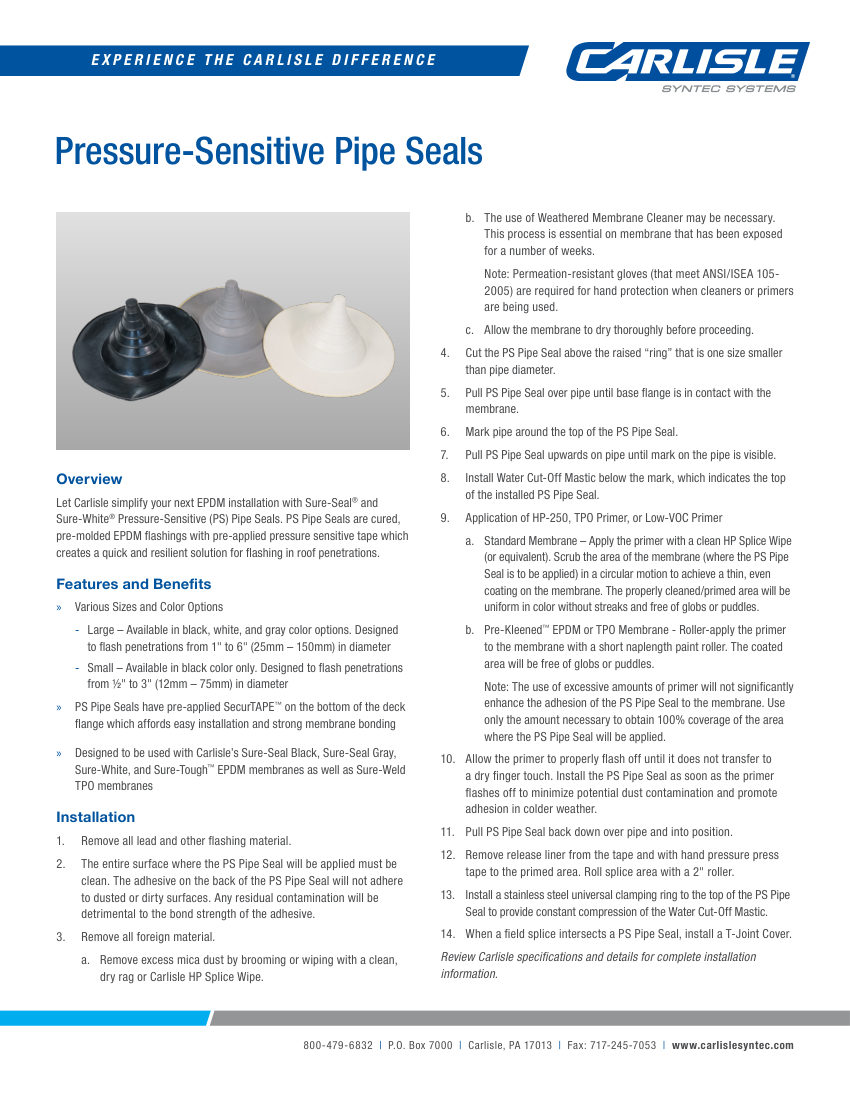 Carlisle SynTec Pressure-Sensitive Pipe Seals cut sheet — first page