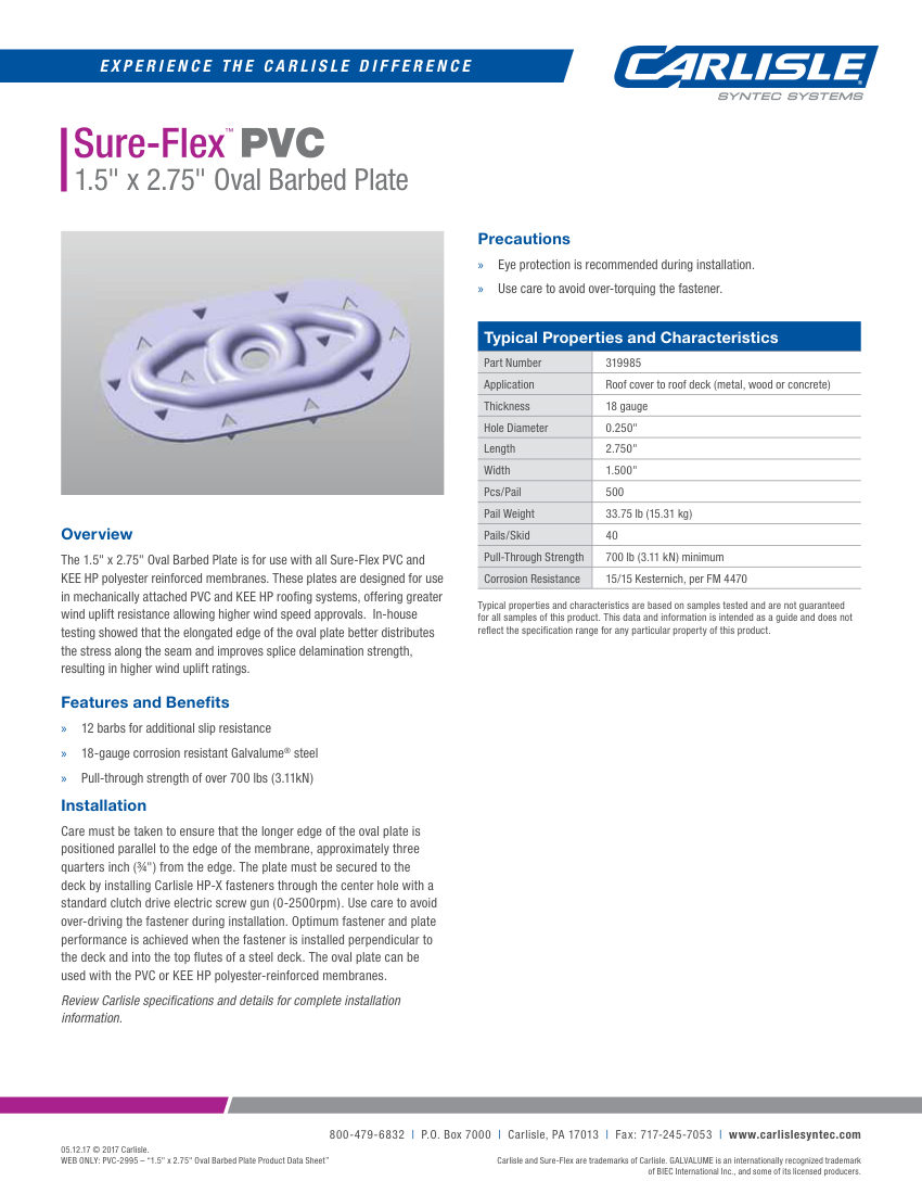 Carlisle SynTec PVC Oval Barbed Plate cut sheet — first page