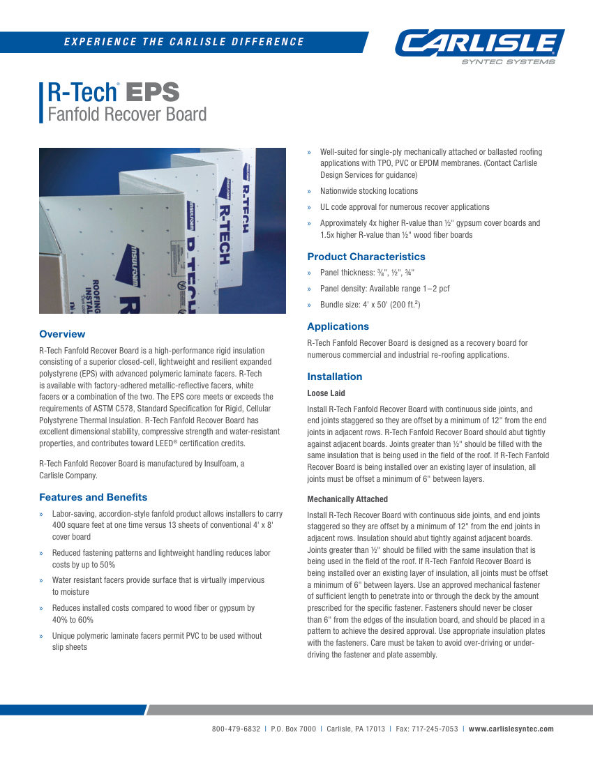 Carlisle SynTec R-Tech Fanfold Recover Board cut sheet — first page
