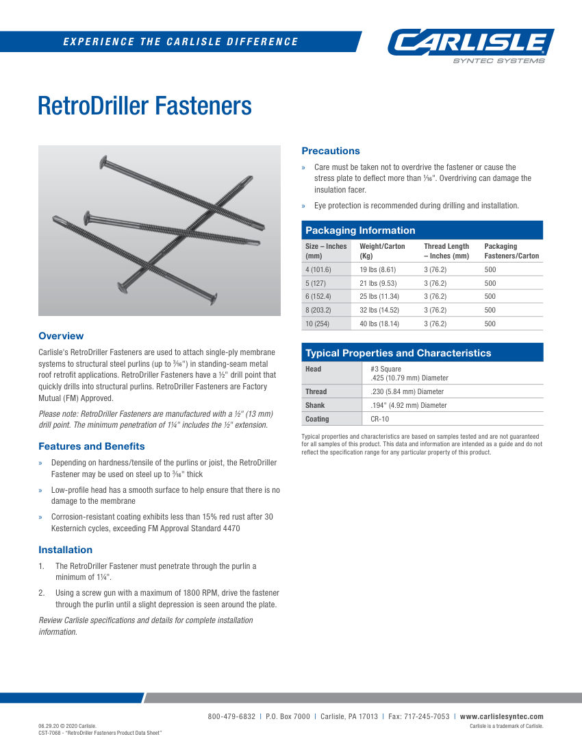 Carlisle SynTec RetroDriller Fasteners cut sheet — first page