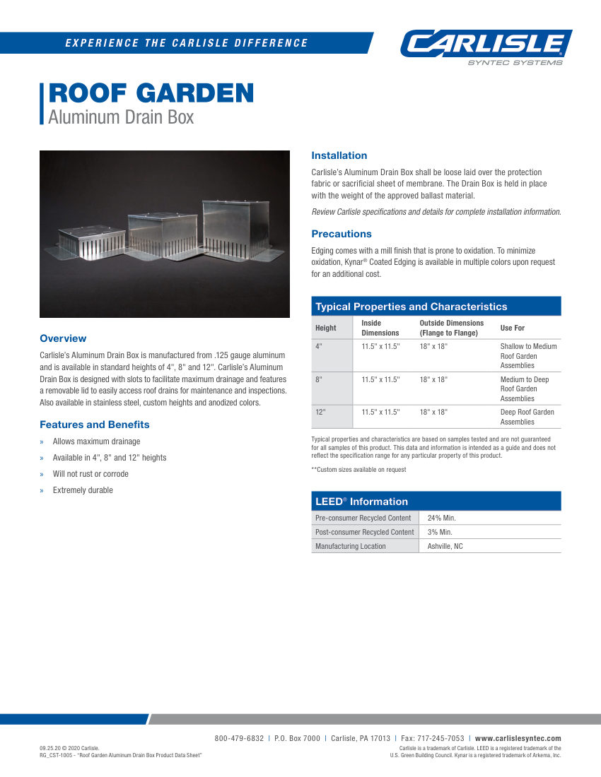 Carlisle SynTec Roof Garden Aluminum Drain Box cut sheet — first page