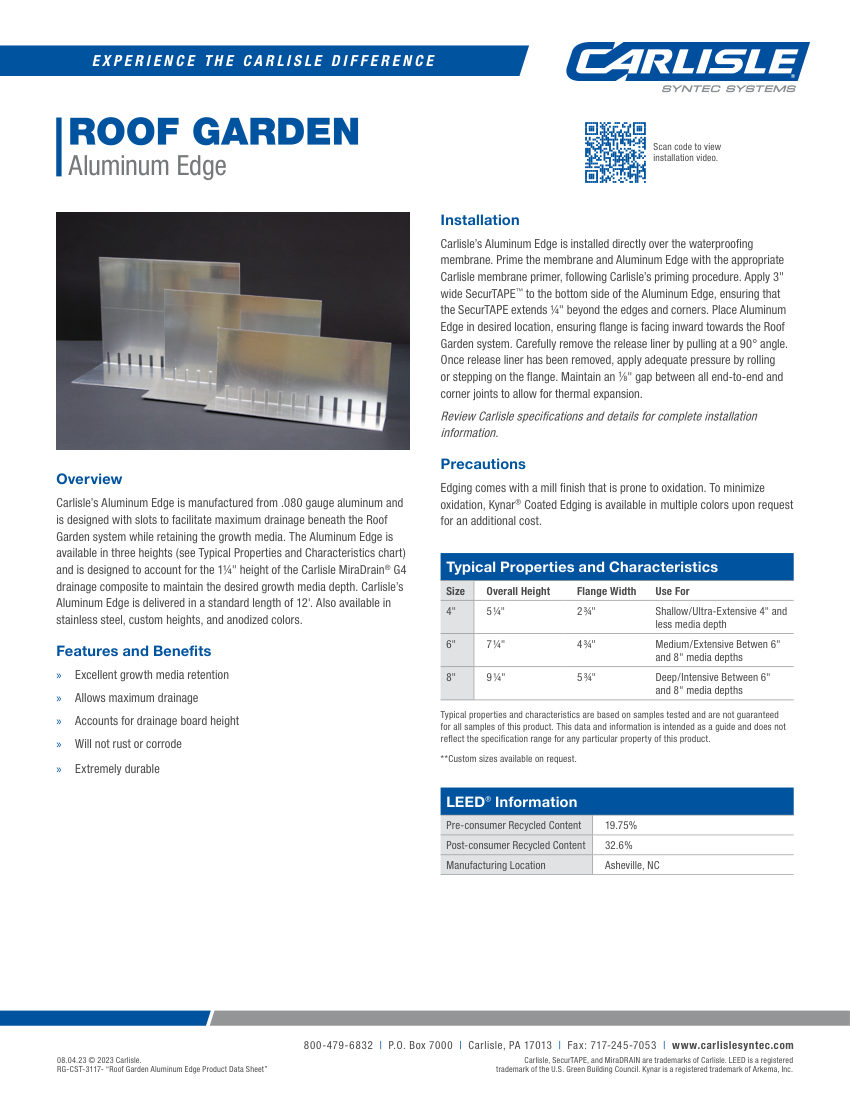 Carlisle SynTec Roof Garden Aluminum Edge cut sheet — first page
