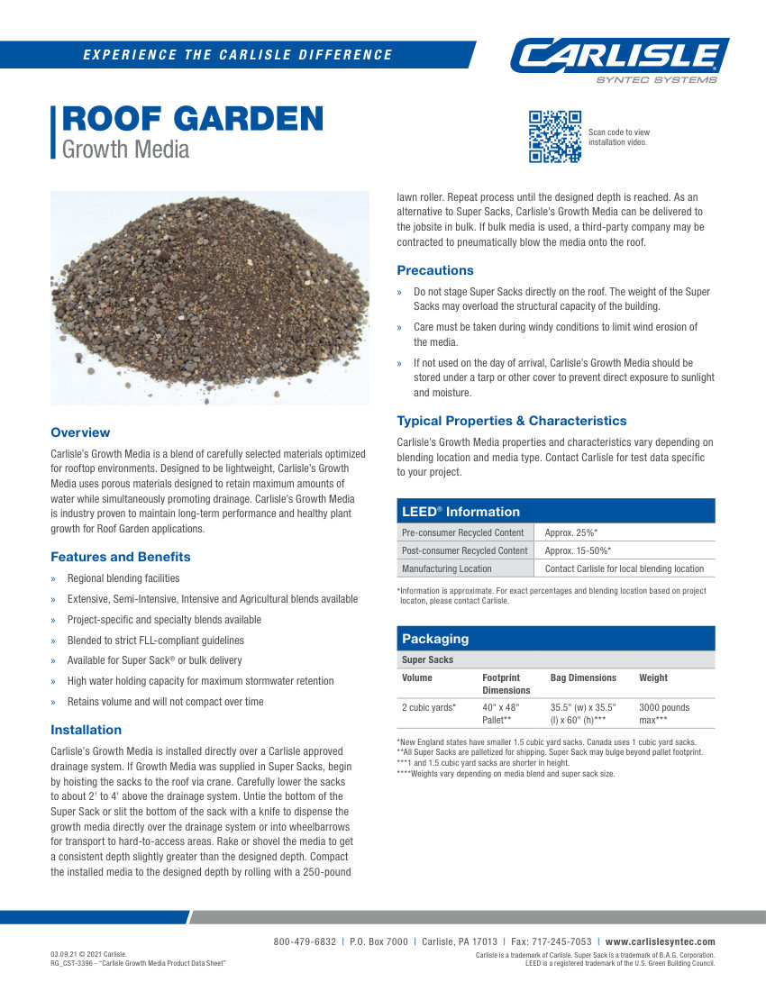Carlisle SynTec Roof Garden Growth Media cut sheet — first page
