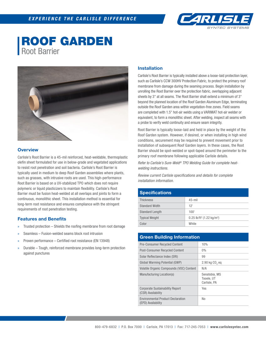Carlisle SynTec Roof Garden Root Barrier cut sheet — first page