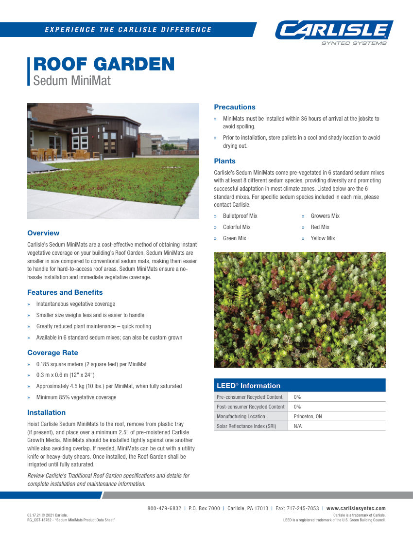 Carlisle SynTec Roof Garden Sedum MiniMat cut sheet — first page