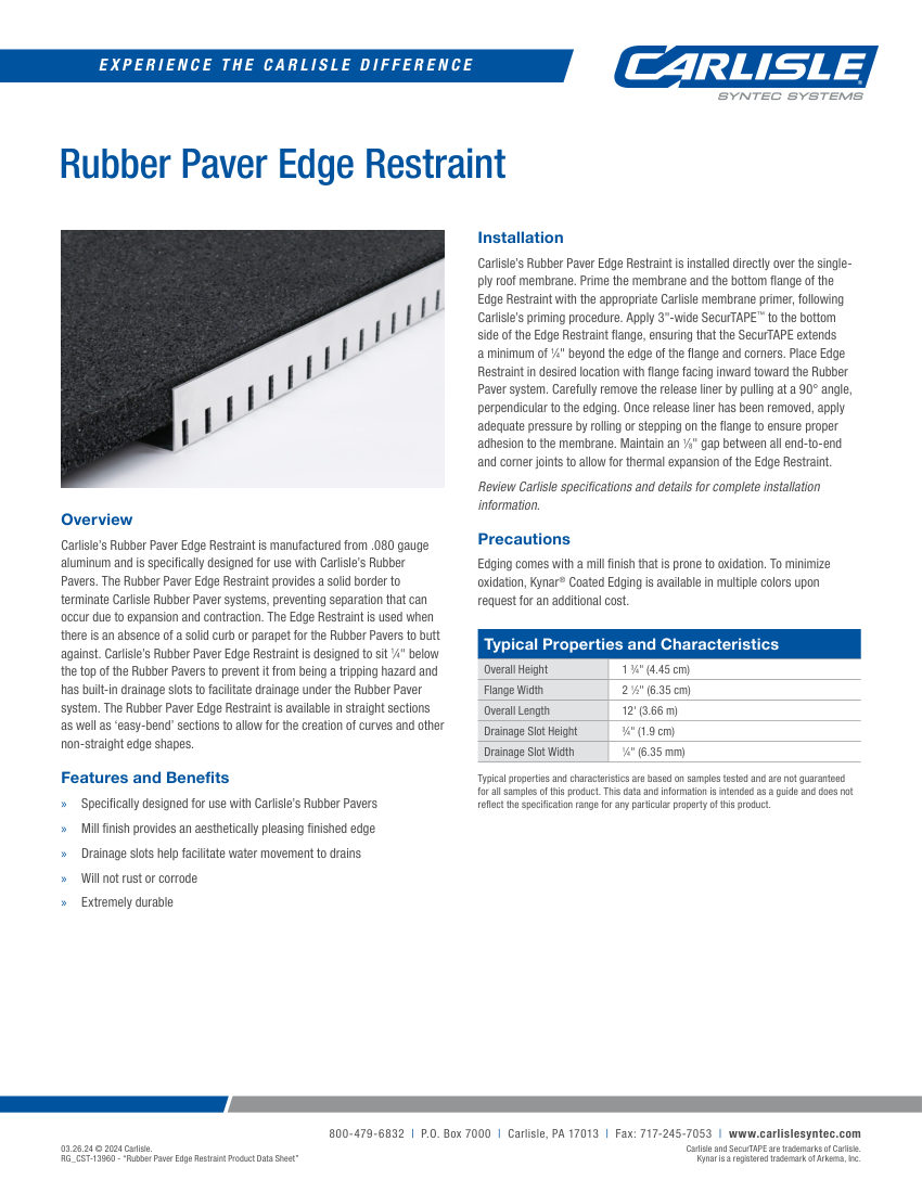 Carlisle SynTec Rubber Paver Edge Restraint cut sheet — first page