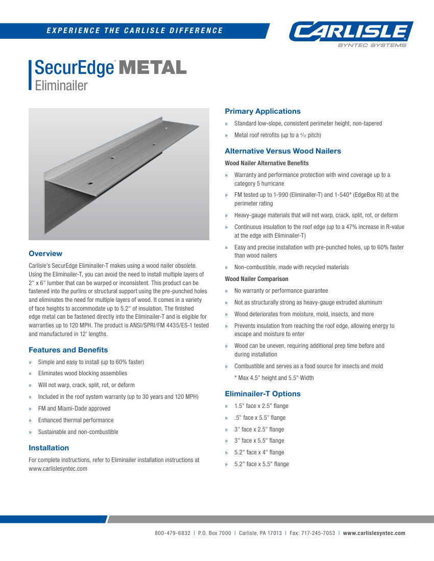 Carlisle SynTec SecurEdge Eliminailer cut sheet — first page