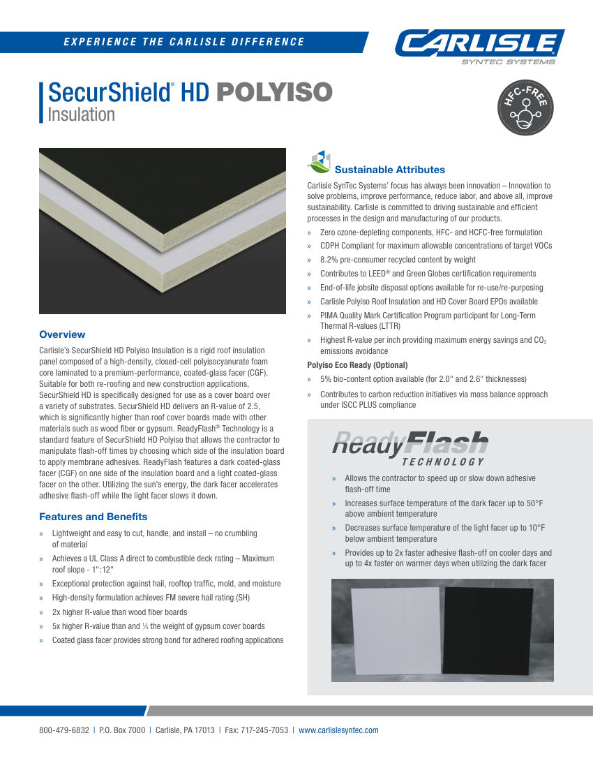 Carlisle SynTec SecurShield HD Polyiso with ReadyFlash Technology cut sheet — first page