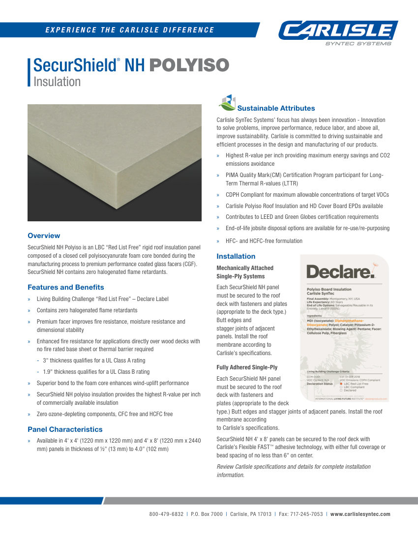 Carlisle SynTec SecurShield NH Polyiso Insulation cut sheet — first page