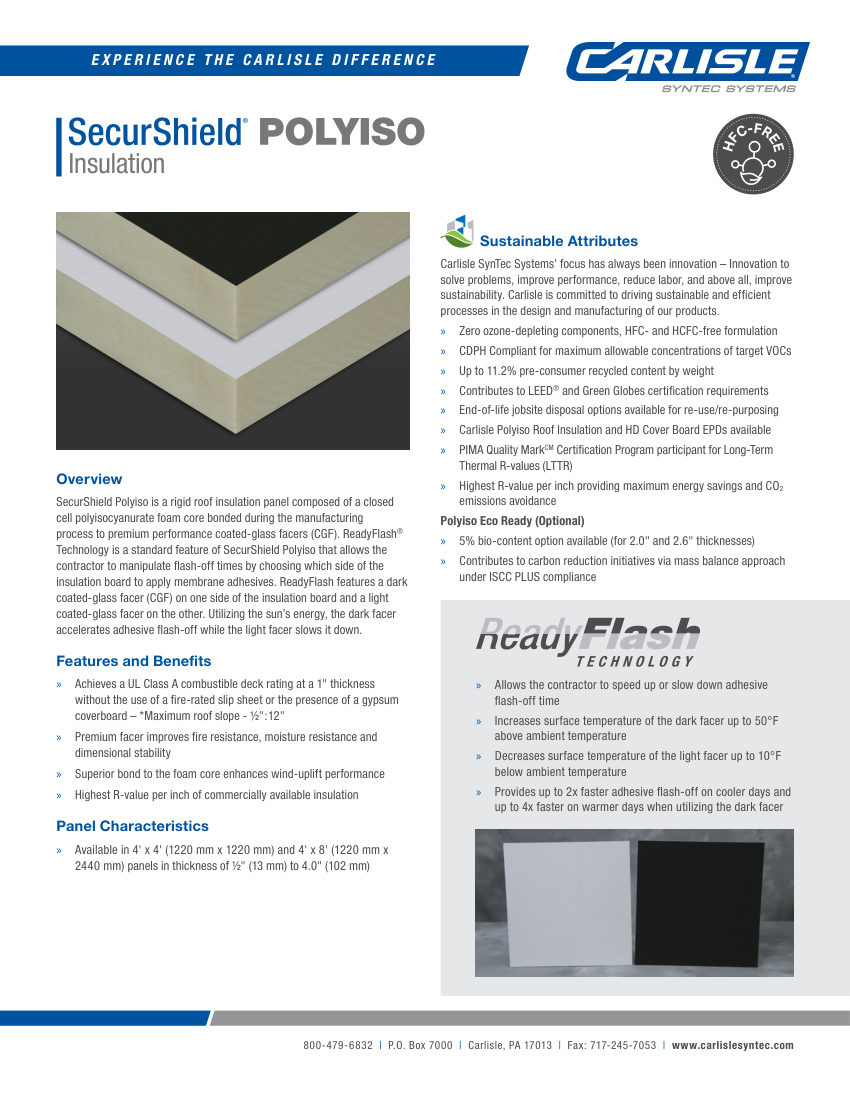Carlisle SynTec SecurShield Polyiso with ReadyFlash Technology cut sheet — first page