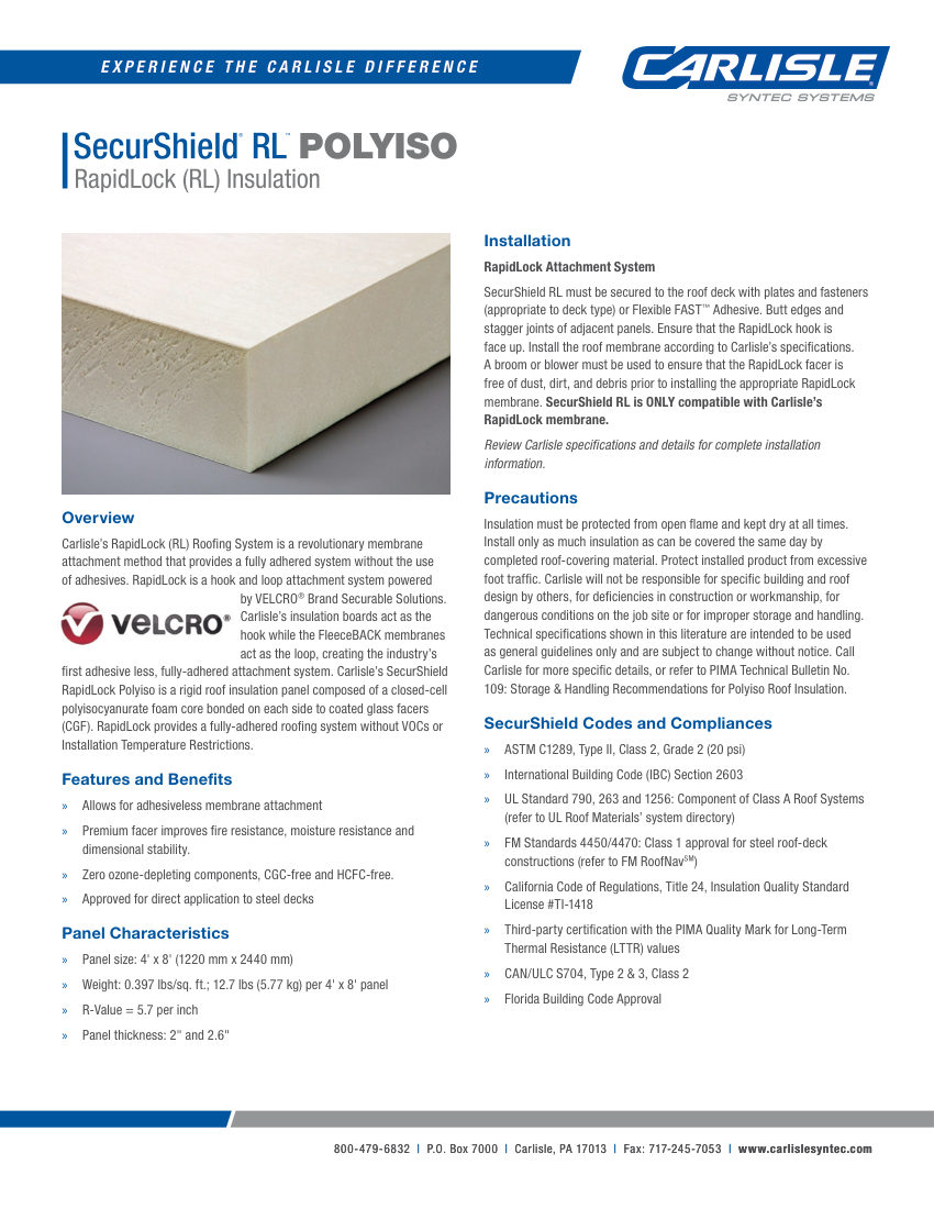 Carlisle SynTec SecurShield RapidLock (RL) Polyiso Insulation cut sheet — first page