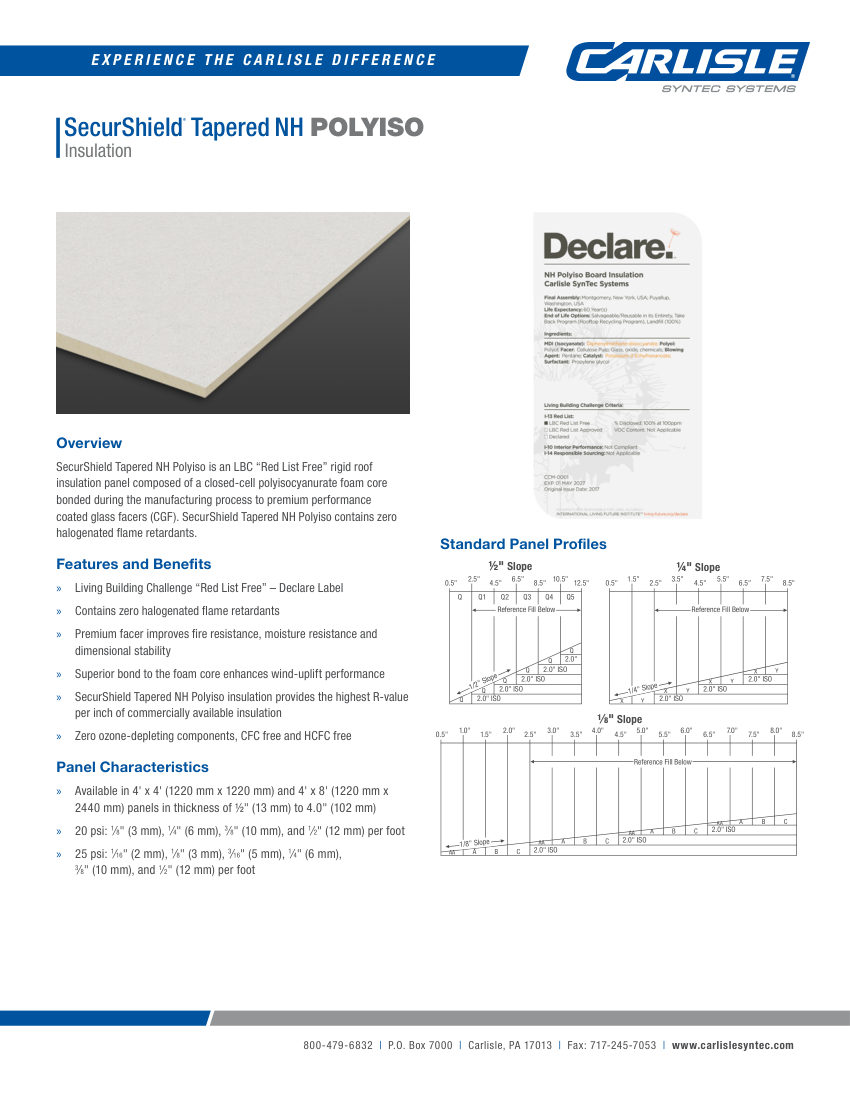 Carlisle SynTec SecurShield® Tapered NH Polyiso Insulation cut sheet — first page