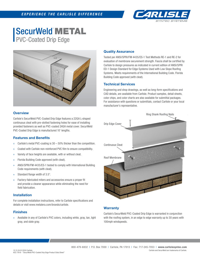 Carlisle SynTec SecurWeld PVC-Coated Drip Edge cut sheet — first page