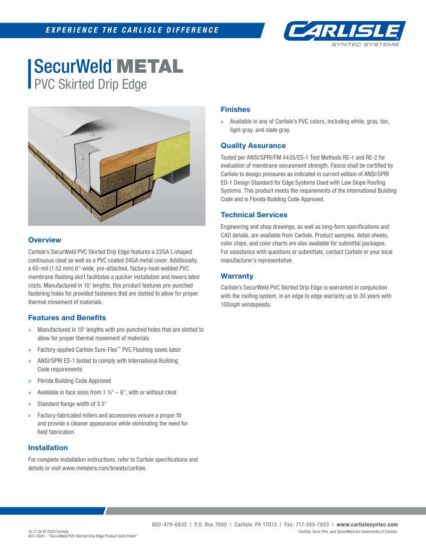 Carlisle SynTec SecurWeld PVC Skirted Drip Edge cut sheet — first page