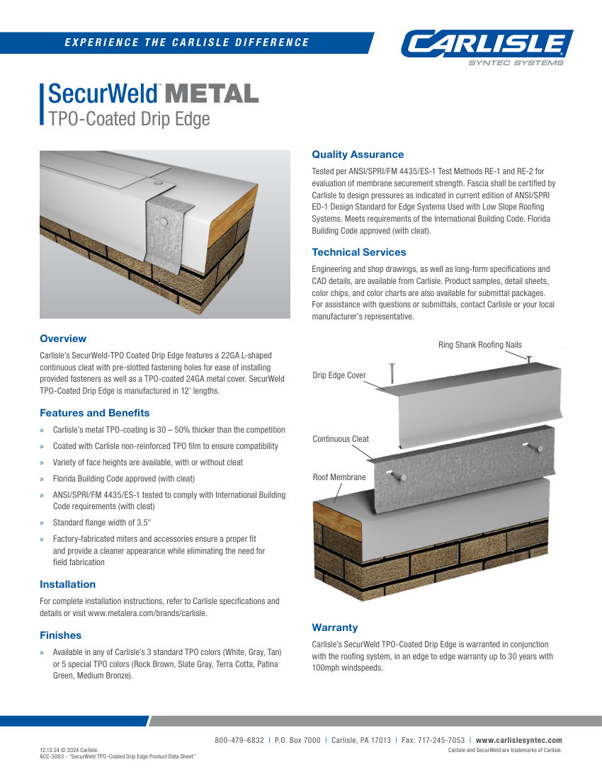 Carlisle SynTec SecurWeld TPO-Coated Drip Edge cut sheet — first page