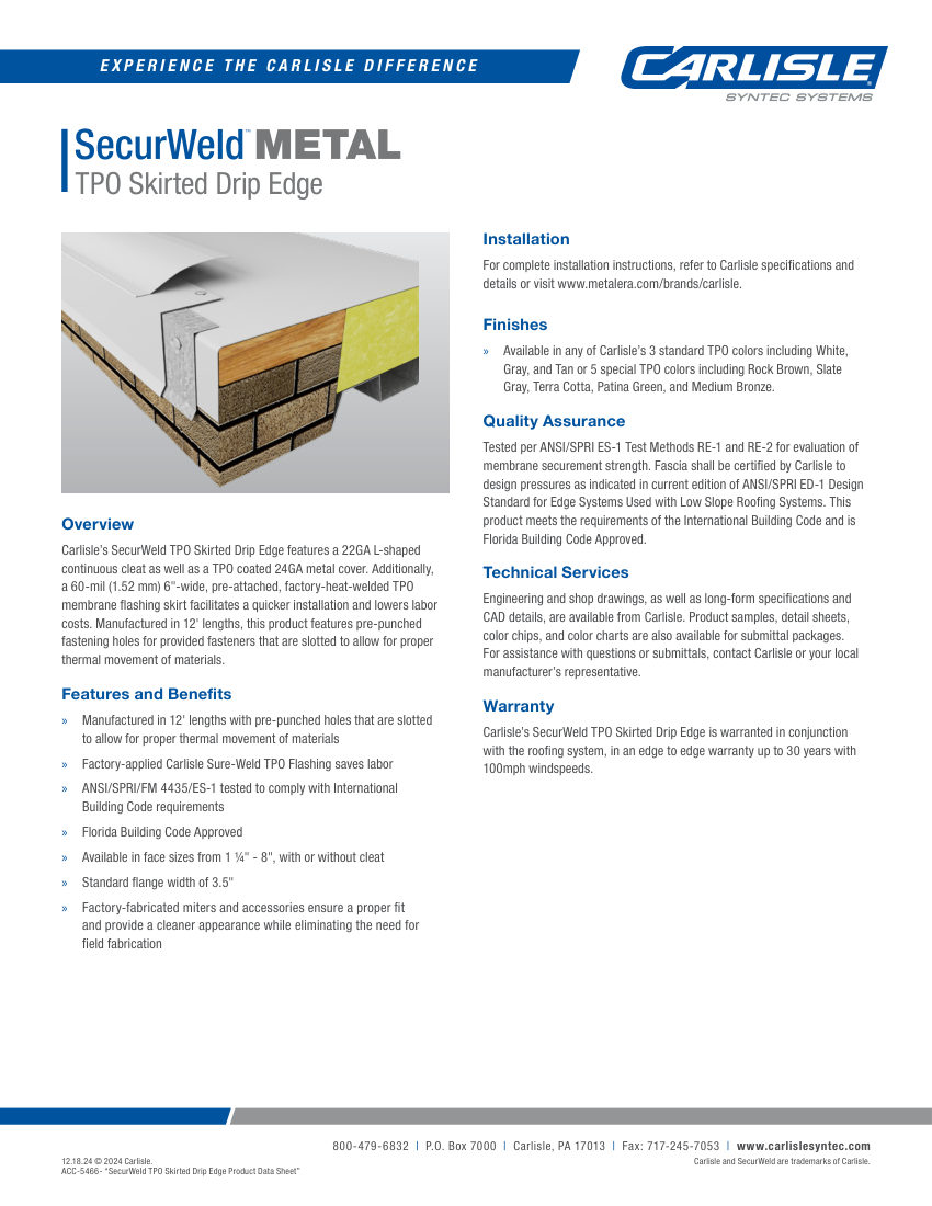 Carlisle SynTec SecurWeld® TPO Skirted Drip Edge cut sheet — first page