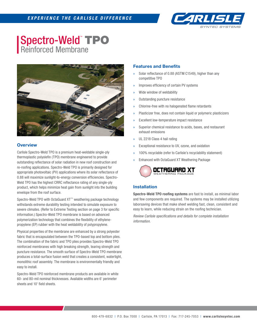 Carlisle SynTec Spectro-Weld TPO Reinforced Membrane cut sheet — first page