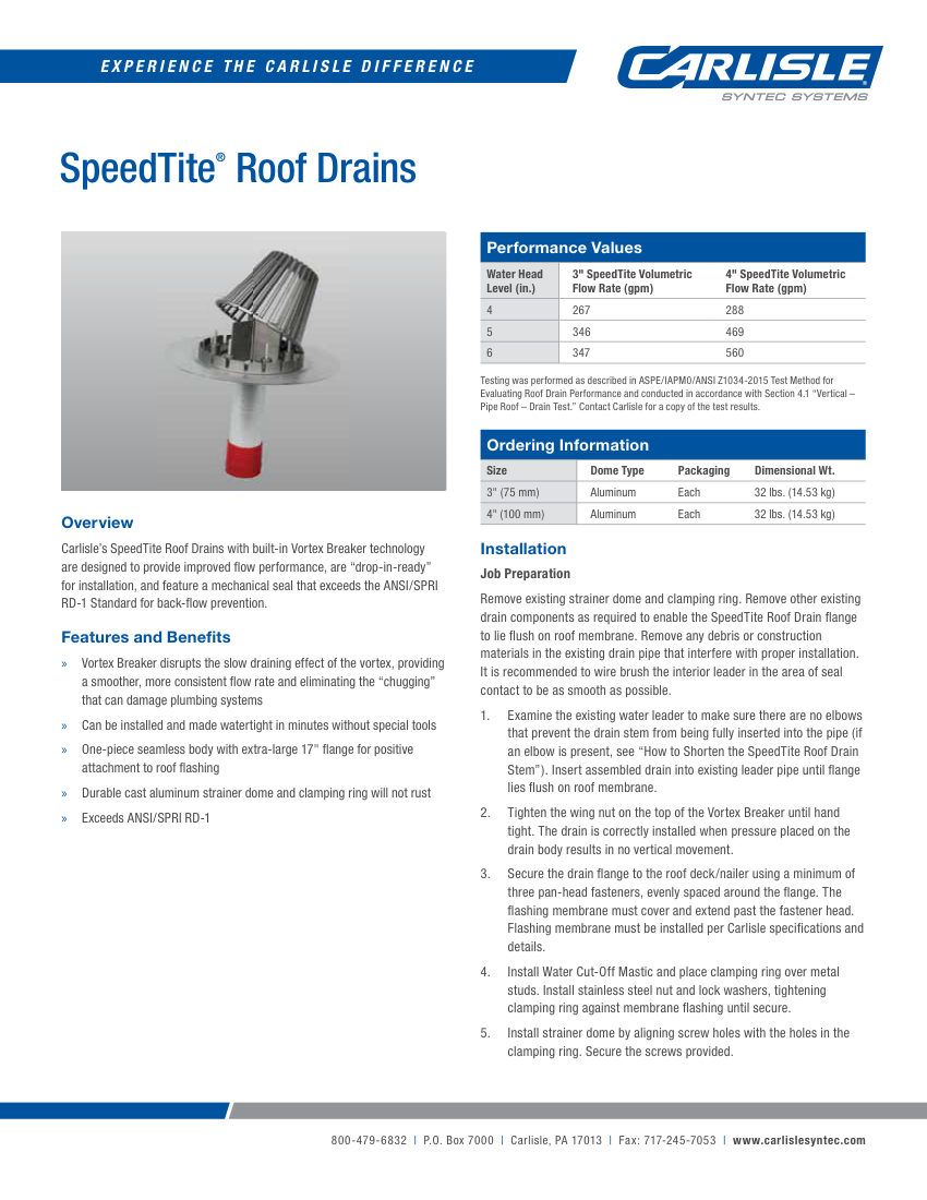 Carlisle SynTec SpeedTite Roof Drains cut sheet — first page
