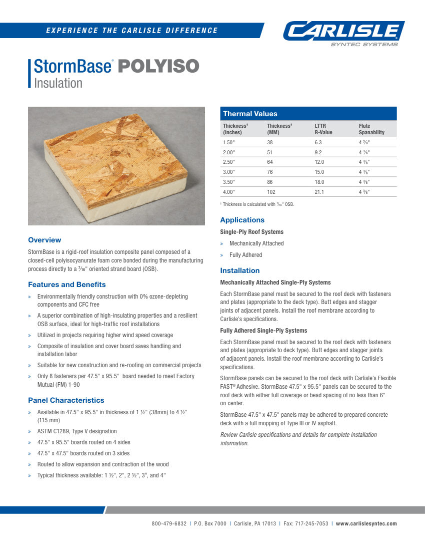 Carlisle SynTec StormBase Polyiso cut sheet — first page