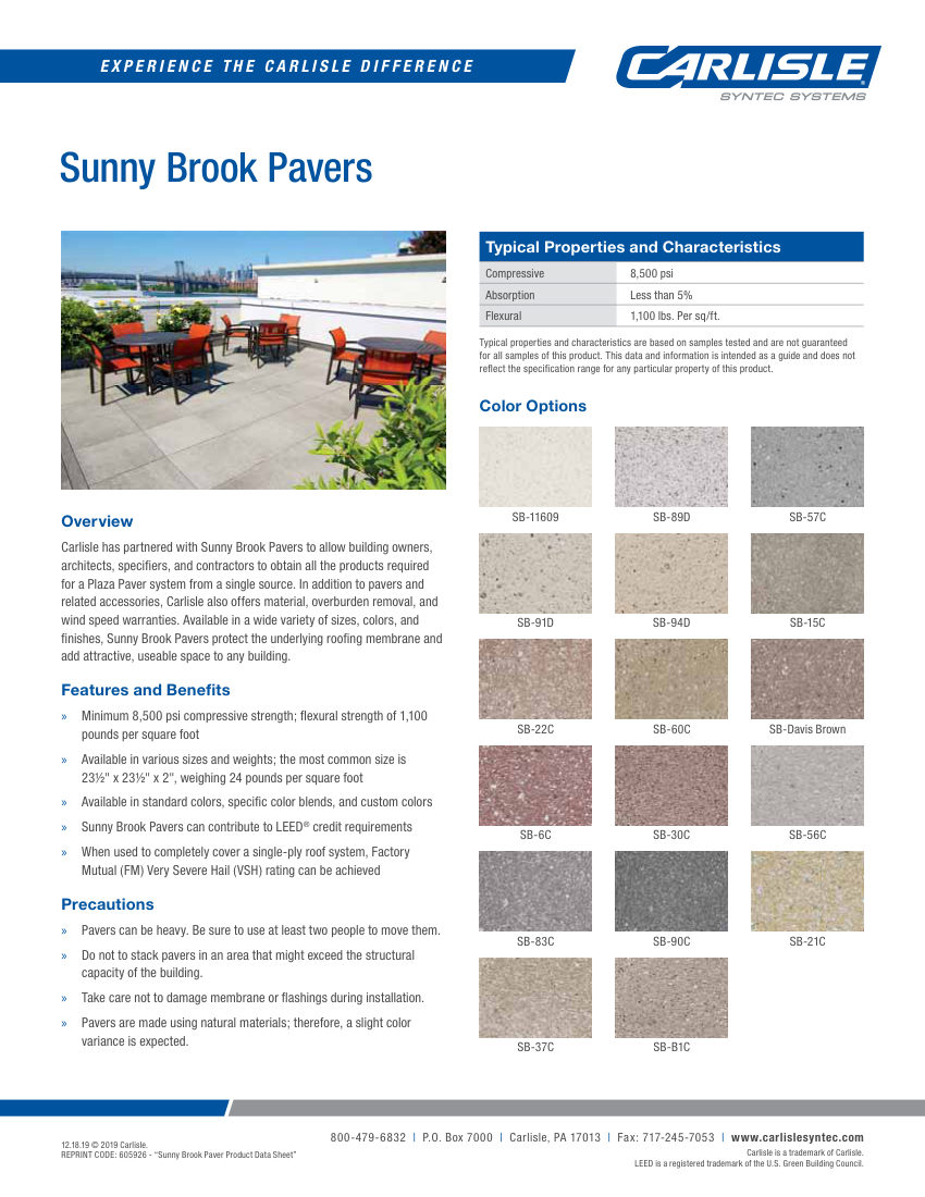 Carlisle SynTec Sunny Brook Paver cut sheet — first page