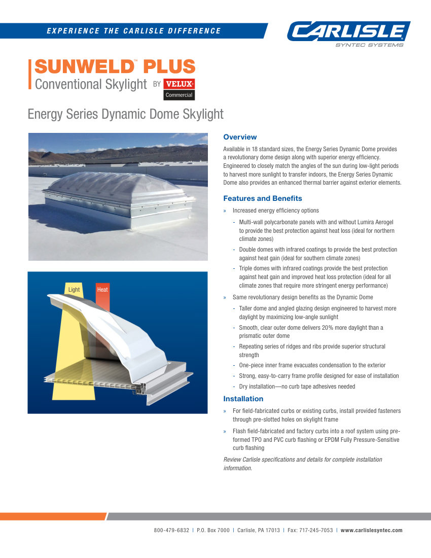 Carlisle SynTec SunWeld Plus by VELUX Conventional Skylight cut sheet — first page