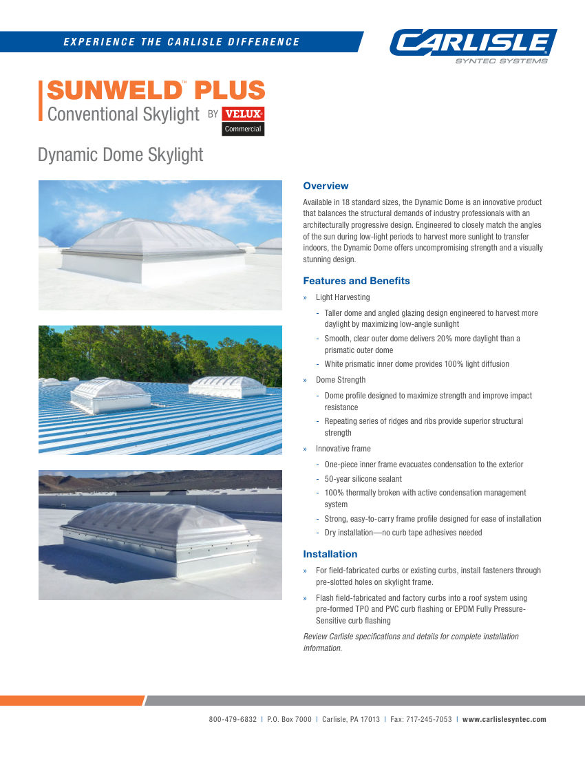 Carlisle SynTec SunWeld Plus by VELUX Dynamic Dome Skylight cut sheet — first page