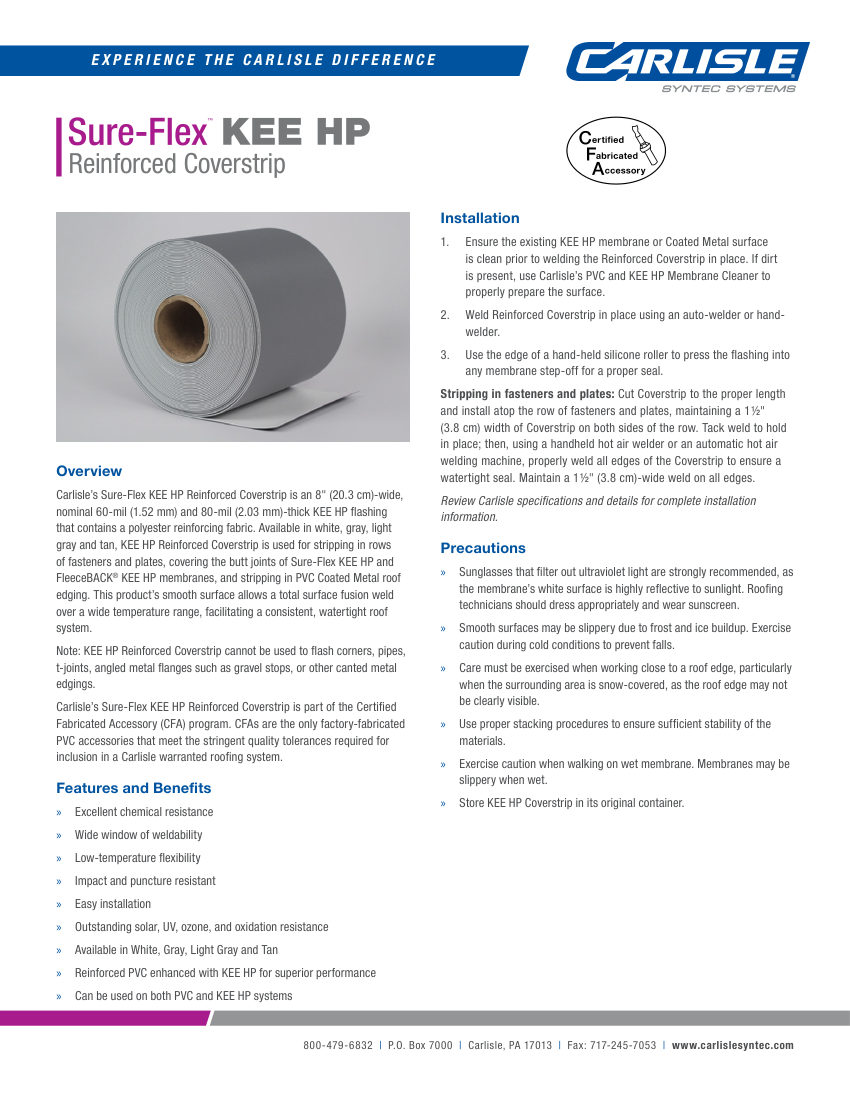 Carlisle SynTec Sure-Flex™ KEE HP Reinforced Coverstrip cut sheet — first page