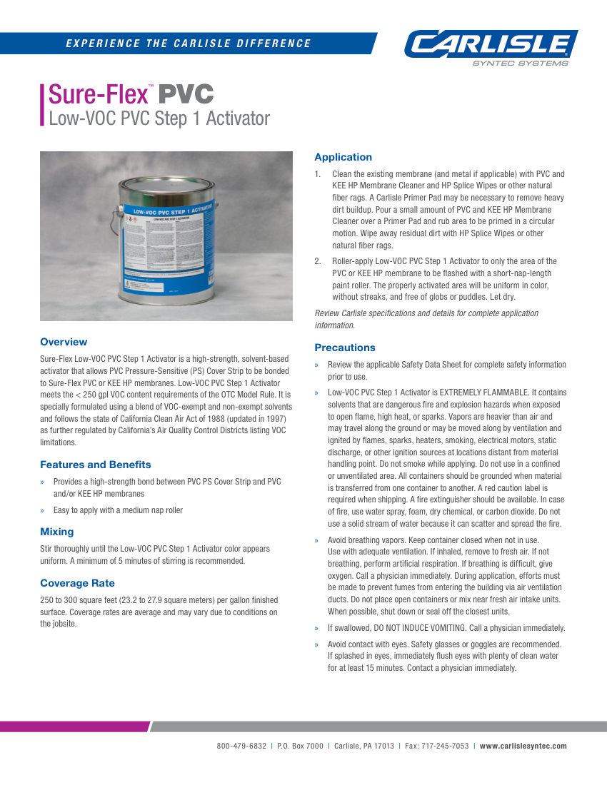 Carlisle SynTec Sure-Flex Low-VOC Step 1 Activator cut sheet — first page