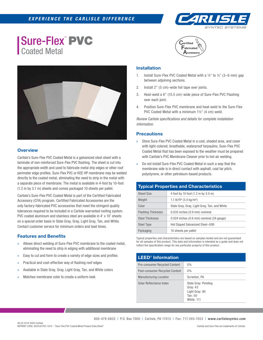 Carlisle SynTec Sure-Flex PVC Coated Metal cut sheet — first page