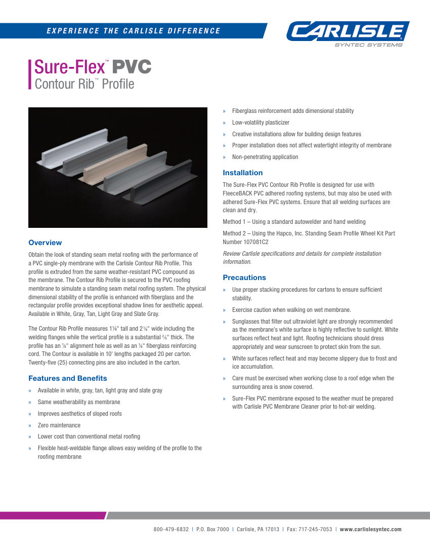 Carlisle SynTec Sure-Flex PVC Contour Rib Profile cut sheet — first page