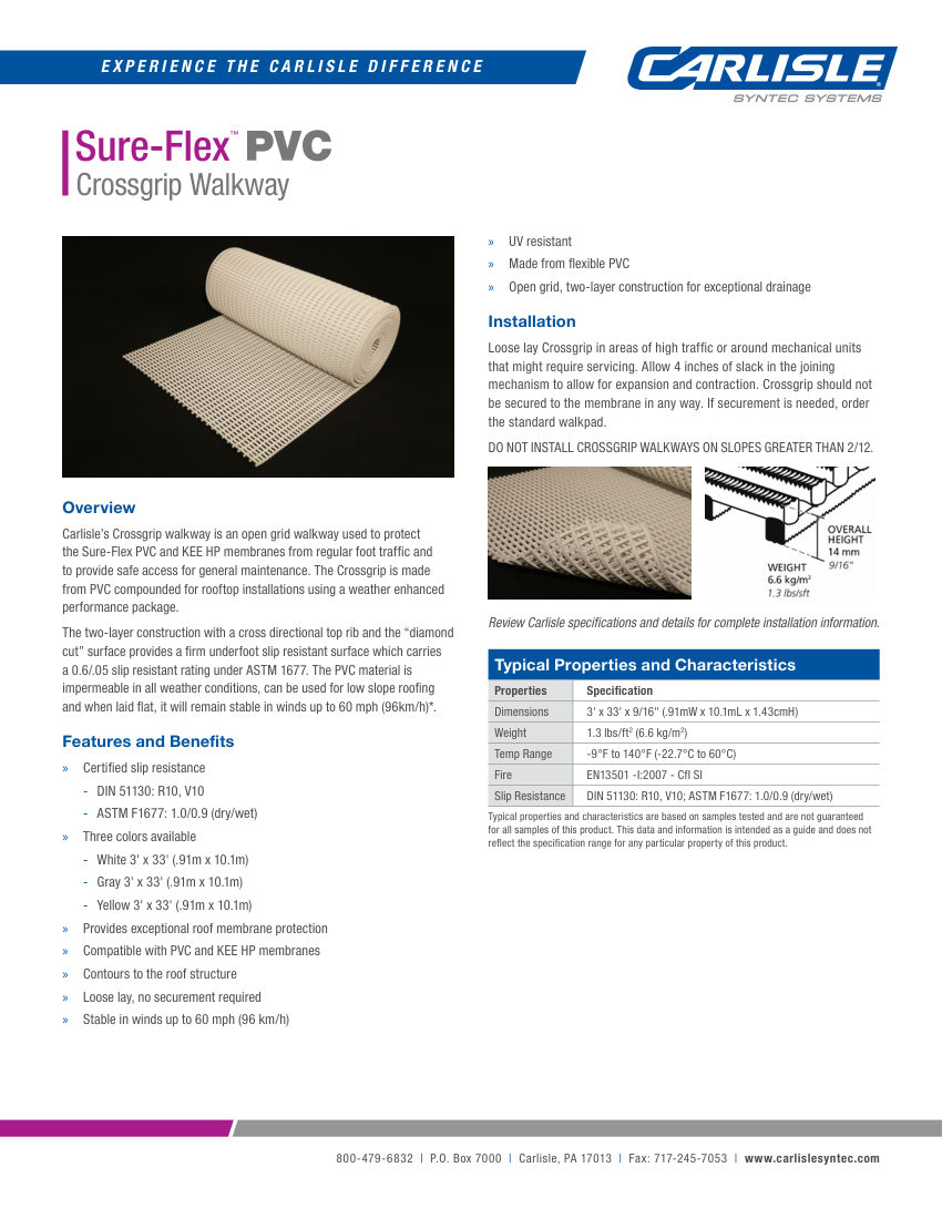Carlisle SynTec Sure-Flex PVC Crossgrip Walkway cut sheet — first page