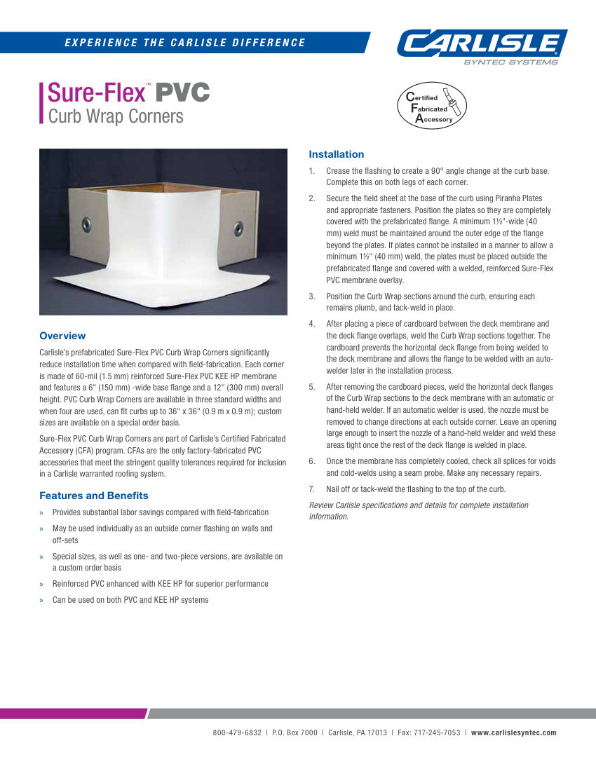 Carlisle SynTec Sure-Flex PVC Curb Wrap Corners cut sheet — first page