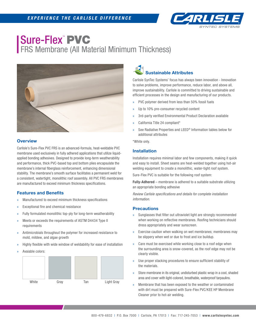 Carlisle SynTec Sure-Flex PVC FRS Membrane cut sheet — first page