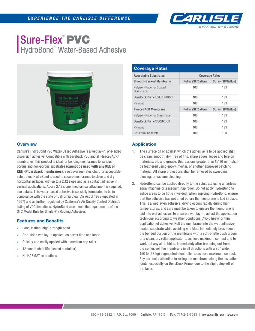 Carlisle SynTec Sure-Flex PVC HydroBond Water-Based Bonding Adhesive cut sheet — first page