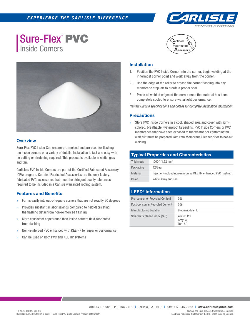 Carlisle SynTec Sure-Flex PVC Inside Corners cut sheet — first page