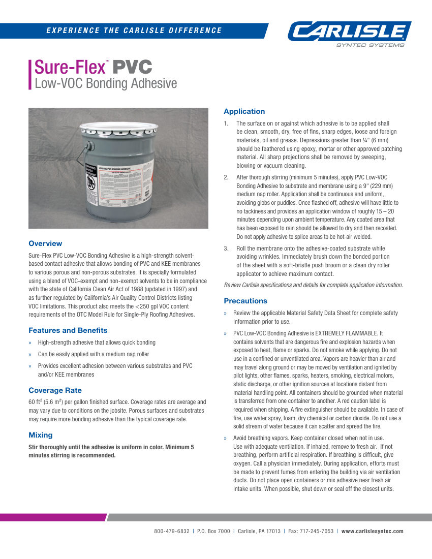 Carlisle SynTec Sure-Flex PVC Low-VOC Bonding Adhesive cut sheet — first page