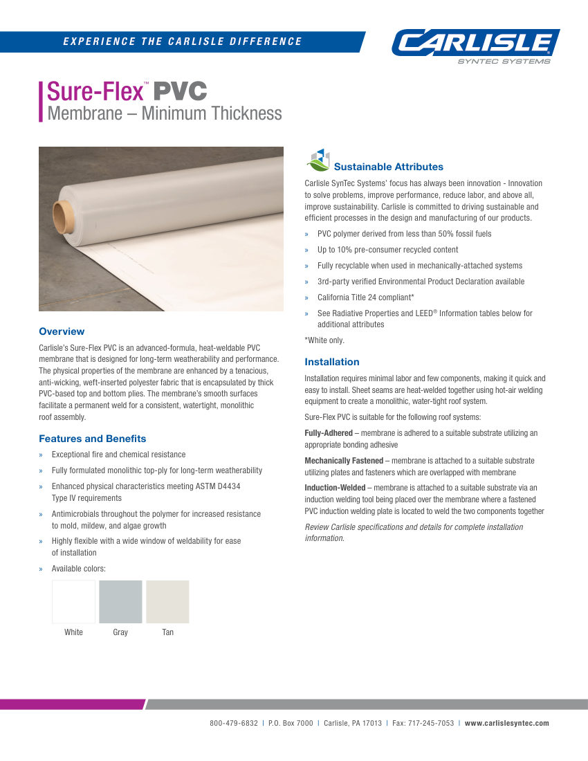 Carlisle SynTec Sure-Flex PVC Membrane - Minimum Thickness cut sheet — first page