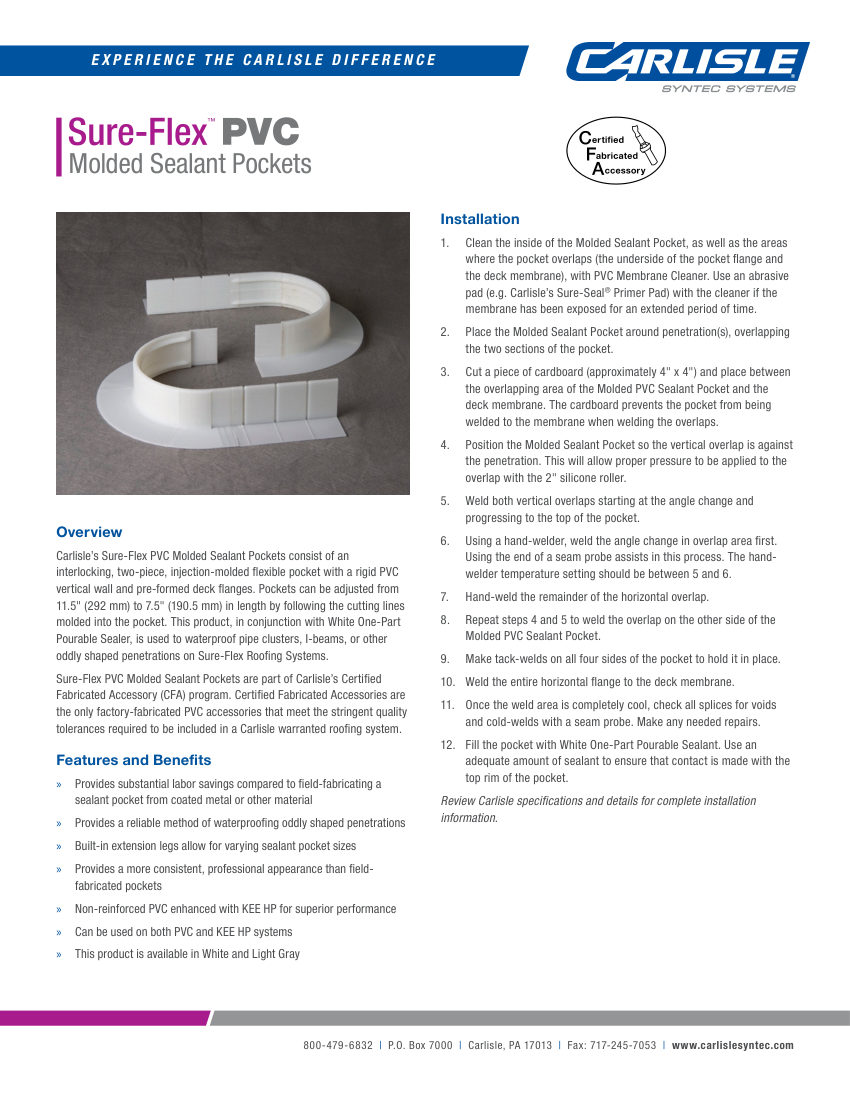 Carlisle SynTec Sure-Flex PVC Molded Sealant Pockets cut sheet — first page