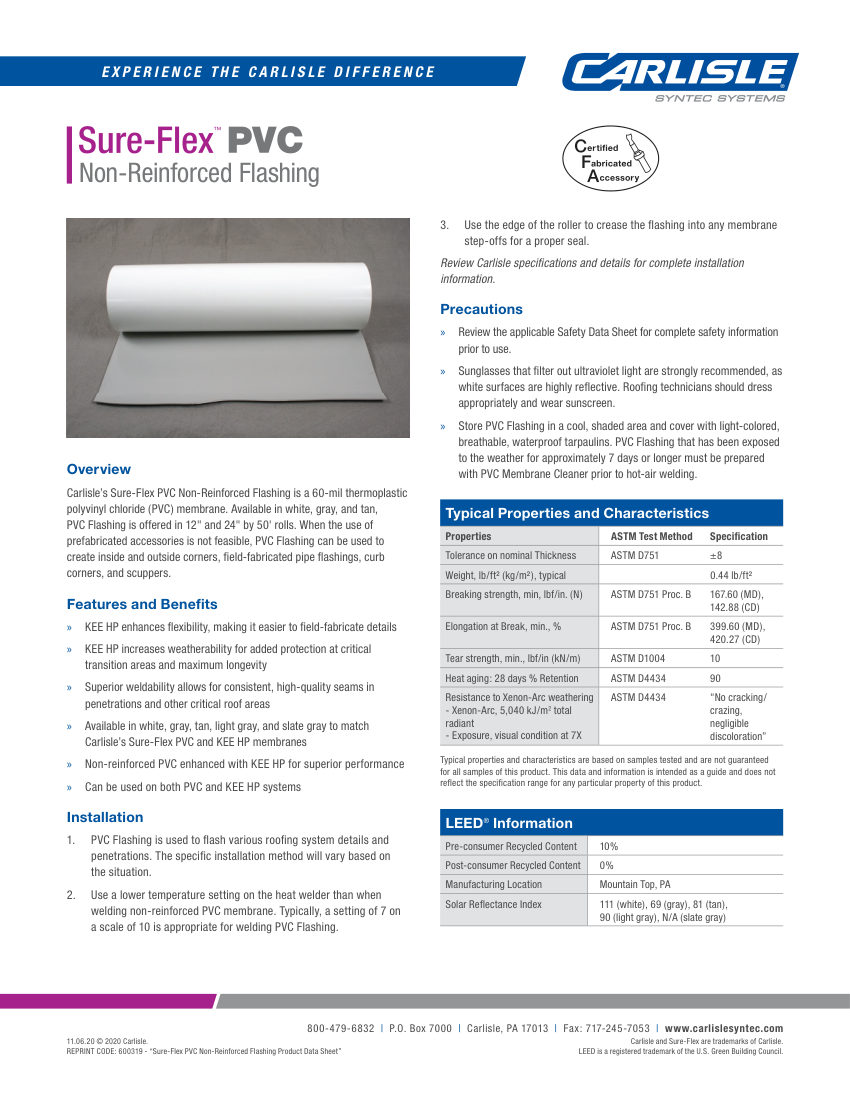 Carlisle SynTec Sure-Flex PVC Non-Reinforced Flashing cut sheet — first page