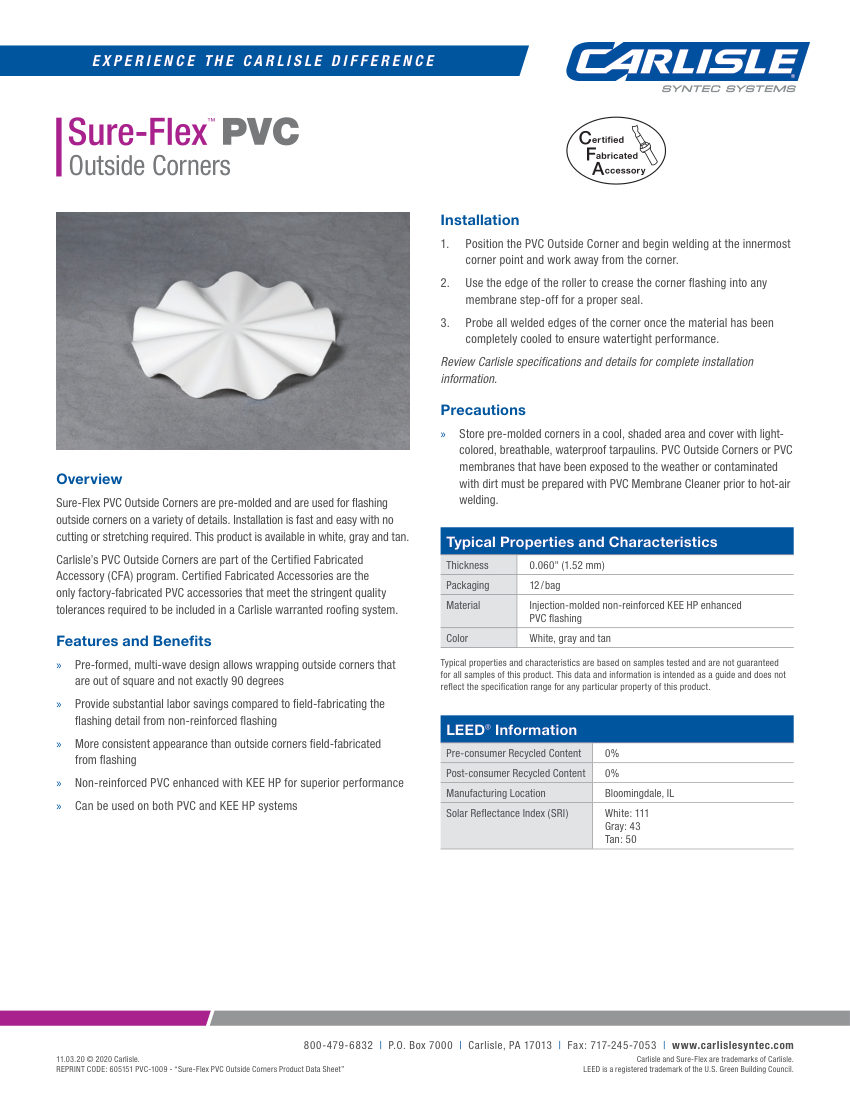 Carlisle SynTec Sure-Flex PVC Outside Corners cut sheet — first page