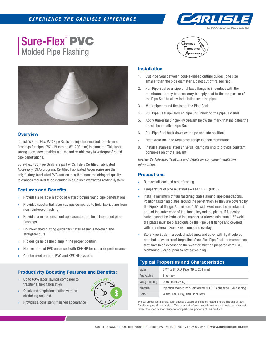 Carlisle SynTec Sure-Flex PVC Pipe Seals cut sheet — first page