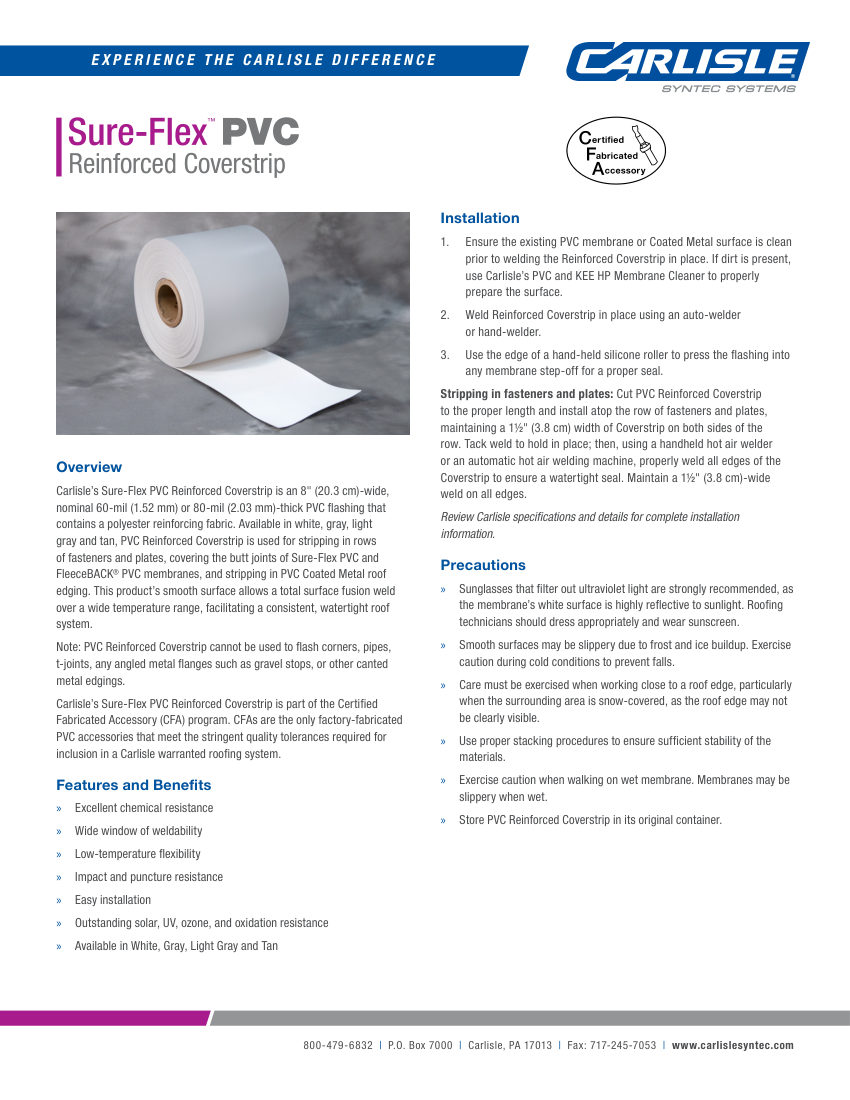 Carlisle SynTec Sure-Flex PVC Reinforced Coverstrip cut sheet — first page