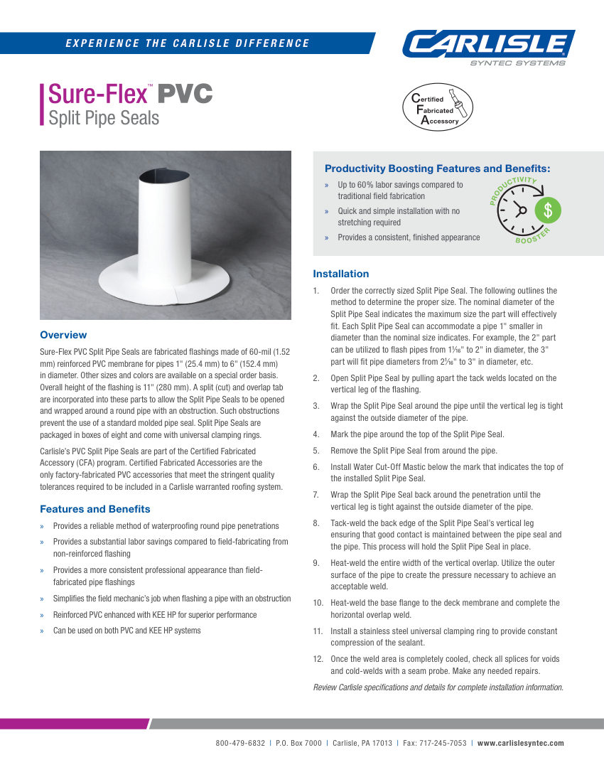 Carlisle SynTec Sure-Flex PVC Split Pipe-Seals cut sheet — first page