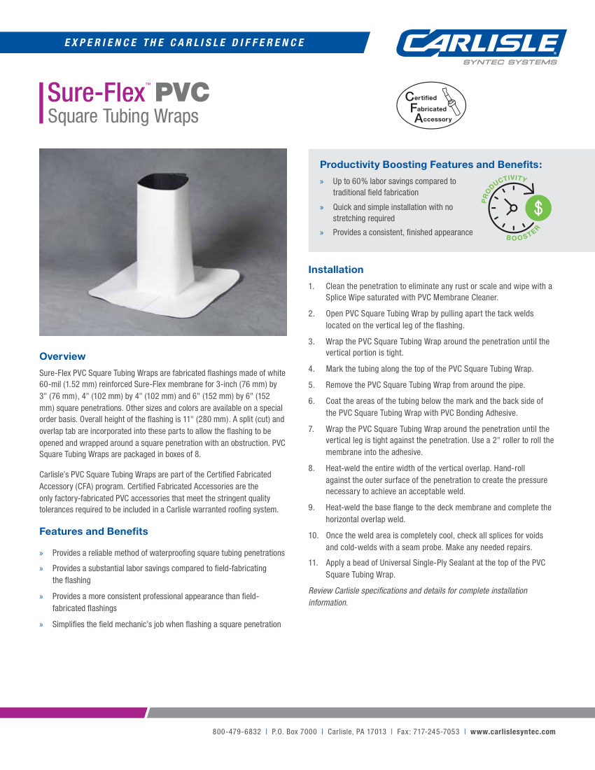 Carlisle SynTec Sure-Flex PVC Square Tubing Wraps cut sheet — first page