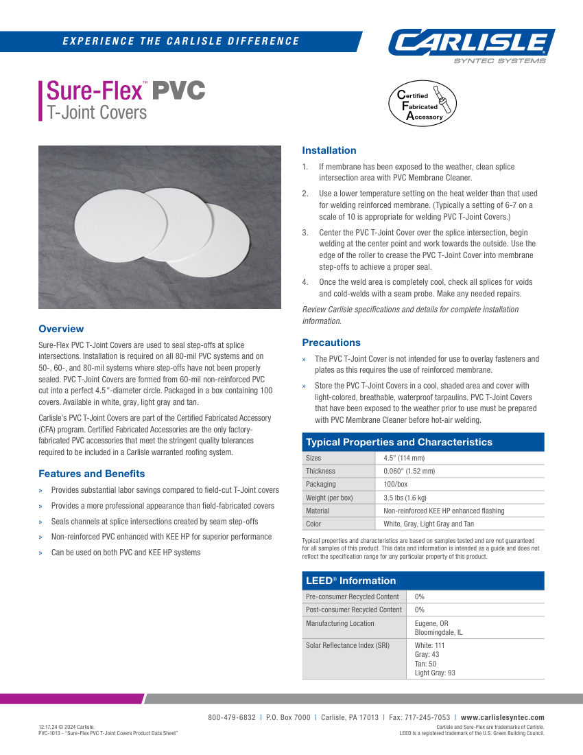 Carlisle SynTec Sure-Flex PVC T-Joint Covers cut sheet — first page