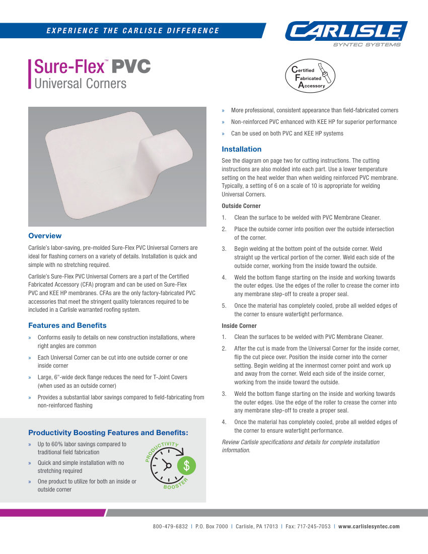 Carlisle SynTec Sure-Flex PVC Universal Corners cut sheet — first page